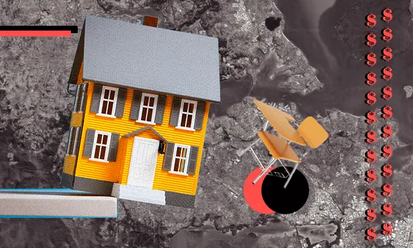 A house, a desk and dollar signs against a map of Auckland