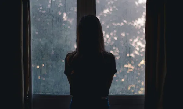 Rear View Of Silhouette Woman Looking Through Window At Home