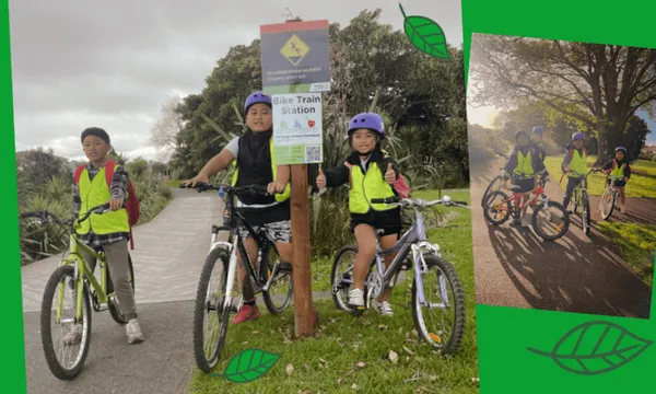 Several members of the Wesley Primary School bike train in their matching high-vis vests.