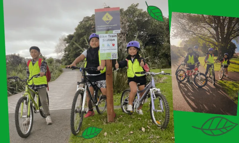 Several members of the Wesley Primary School bike train in their matching high-vis vests.
