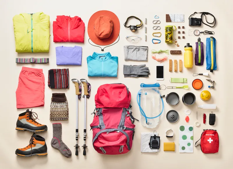 Mountain climbing supplies shot knolling style