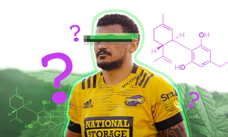 a man in a yellow warriors jersey with questionmarks and the molecular THC structure around him