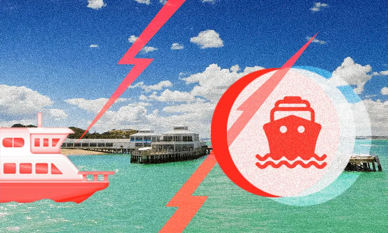 a green and sunny day at the devonport ferry terminal with electric lightening bolds over an icon of boats