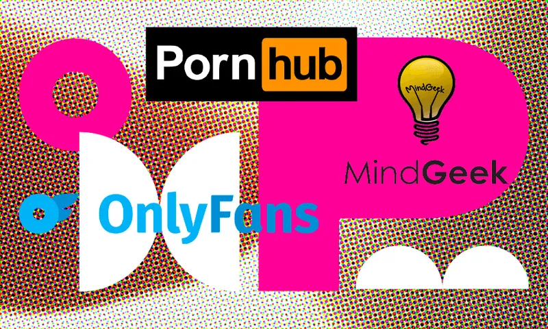 blurred out letters with only fans, porn hub and mindgeek logo and some abstract shapes