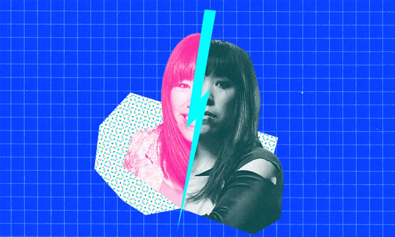 an asian woman on a blue background with pink highlights and blude lightning bold