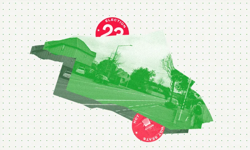 the shape of the ilam electorate overlaid over a green tinted photo of an ordinary suburban street with an election 2023 spinoff them