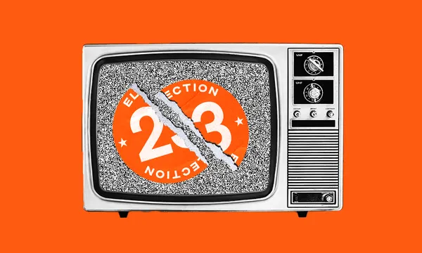 an old-fashioned tv against an orange background. The TV is showing static with a Election 2023 sticker in front of it. The sticker is ripped in half