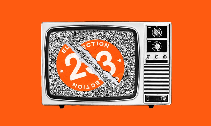 an old-fashioned tv against an orange background. The TV is showing static with a Election 2023 sticker in front of it. The sticker is ripped in half