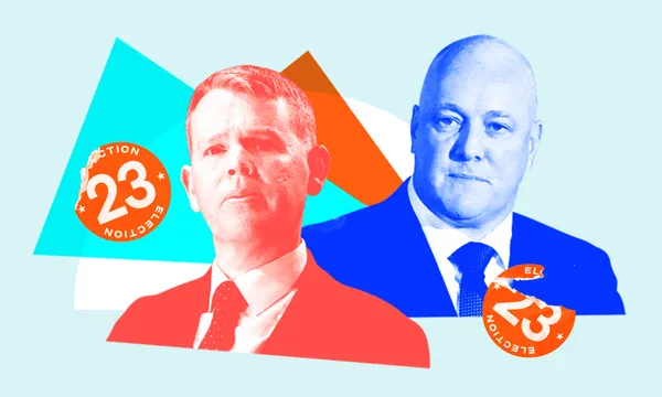 head and shoulders images of chris hipkins and chris luxon. hipkins is red, luxon blue. in the background are colourful shapes and stickers saying election 2023