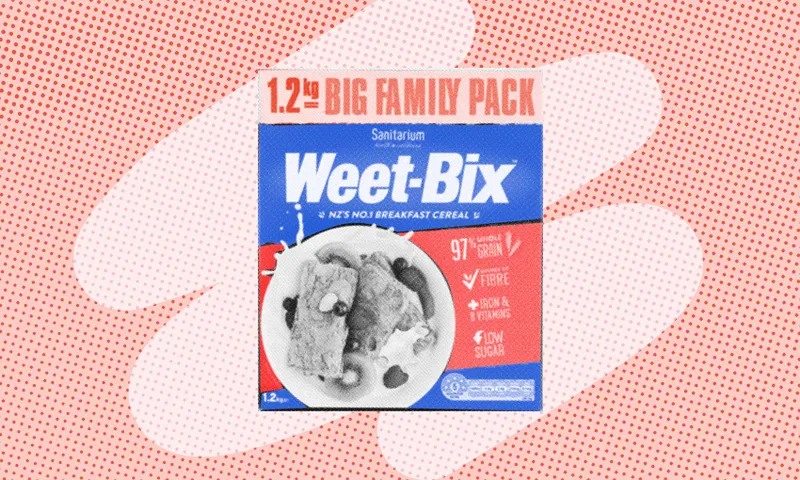 A weet-bix pack on a red background