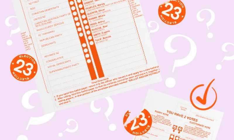 a pink backround with questionmarks and stylised voting papers