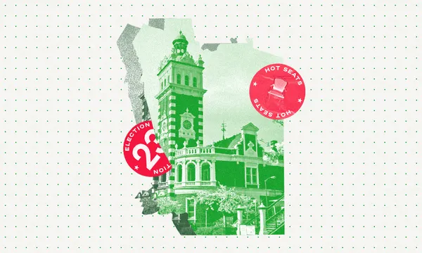 the cut out shape of the Dunedin electorate with the otago railway station clock tower in a dyed red colour