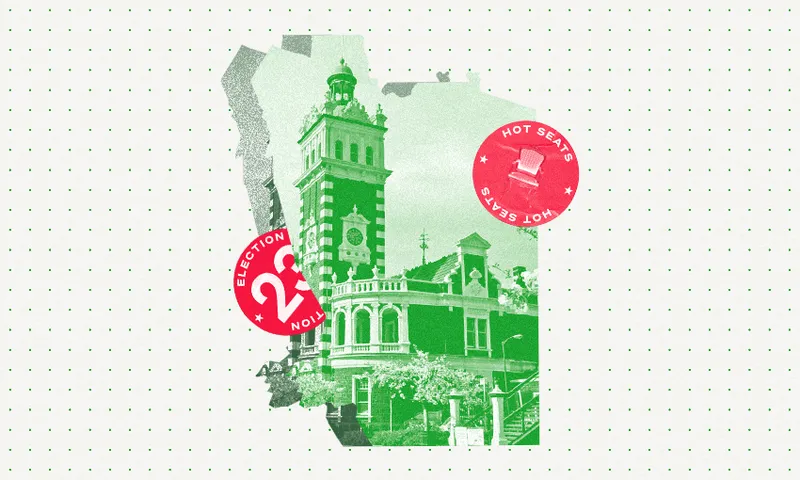 the cut out shape of the Dunedin electorate with the otago railway station clock tower in a dyed red colour