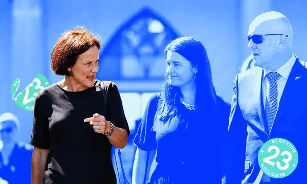 Suze Redmayne (L) with National's Nicola Willis and Christopher Luxon at Ratana