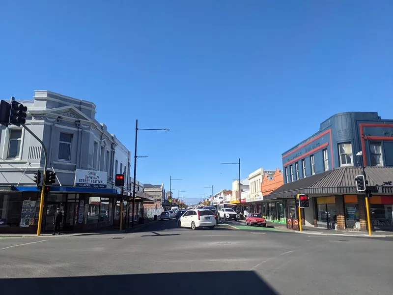 blue sky and buildings on the main drag of South Dunedin