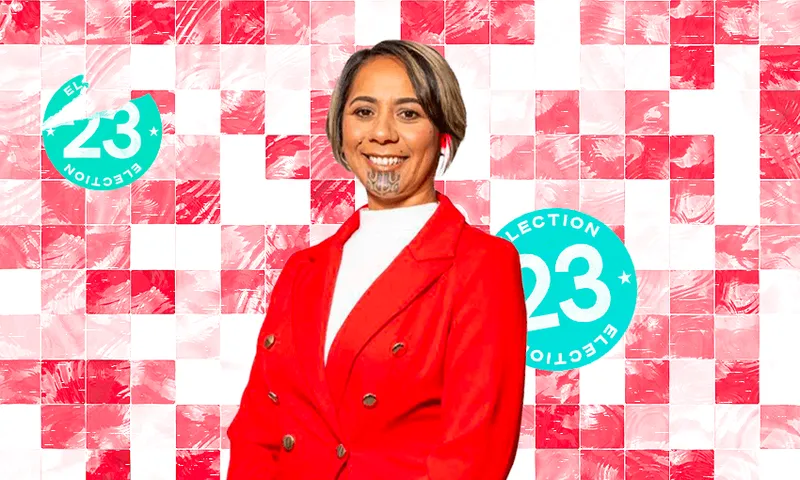 a Māori woman with a red jacket and white shirt and a moko kauae smiling on a funky background