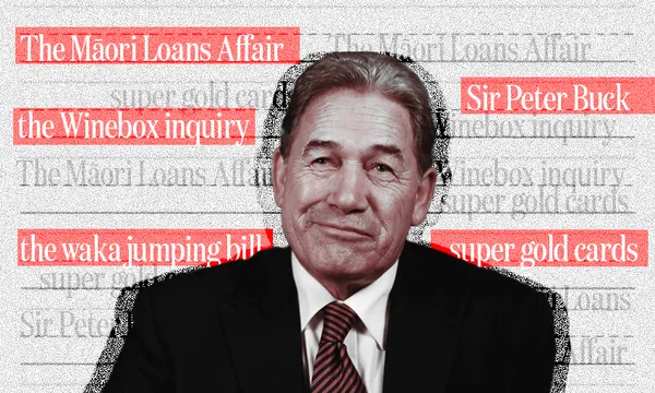 a smirking winston peters surrounded by the words "Māori loans affair" "sir Peter Buck" "Winebox Inquiry" "super gold card"