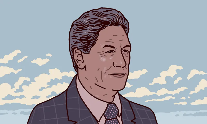 a māori man with bron skiin, in a suit, infront of a cloudy sky
