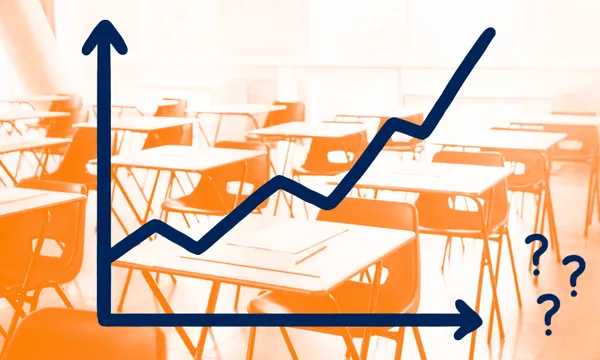 a graph of zigzag lines overlaid over an orange tiinged desk in a classroom