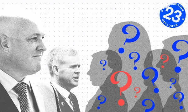 chris luxon and chris hipkins greyed out faces on a background of blue question marks and two little red questionmarks