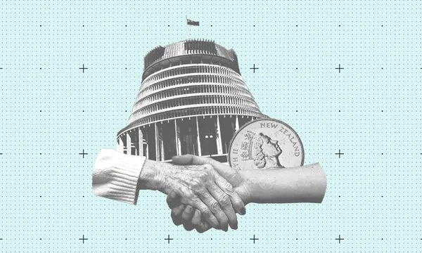 one hand grasping another in front of a coin and the Beehive on a blue background