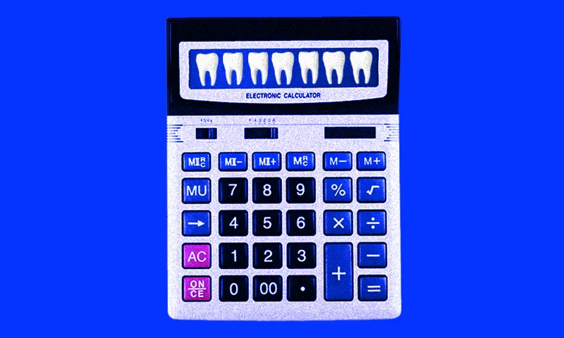 a blue background with a caluculator. on the screen is a row of teeth, not in a gruesome way though