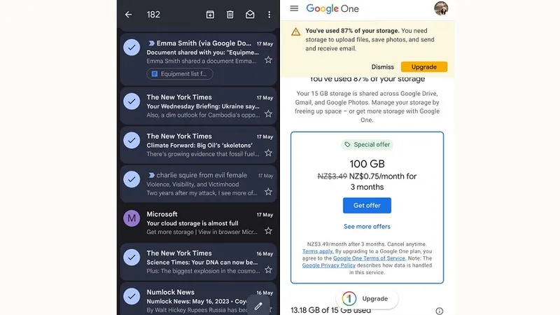 picture of a lot of emails being deleted and a google storage advertisement. Shanti reveals that she has a android phone and a windows computer.