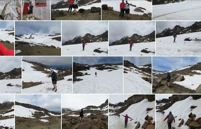 lots of very similar photos of people wearing red raincoats on a snowy mountain