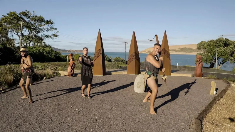 Kaimahi at Manea Footprints of Kupe performing a haka.