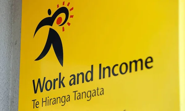 A work and income logo with a stylised black figure against a yellow background