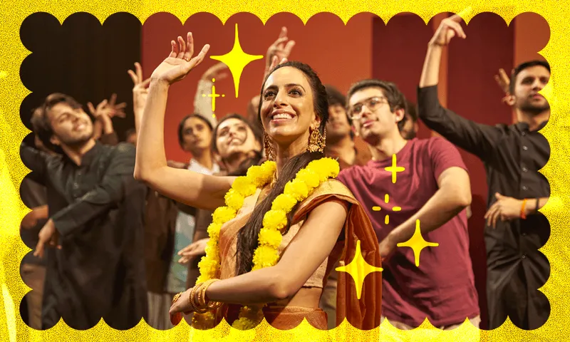 a group of brown skinned, indian origin people dancing with yellow scalloped border