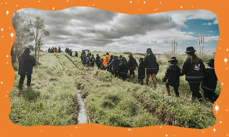 School kids participate in a Waitakere hīkoi.