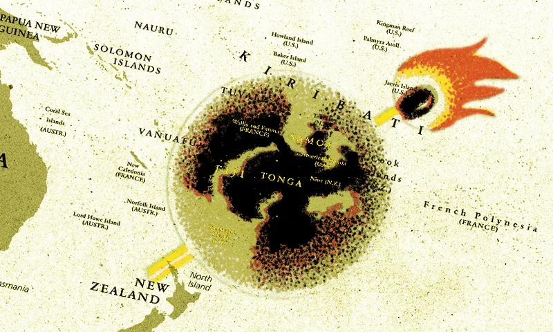 a beige and green map of the pacific with a globe and the match behind it that makes it look on fire
