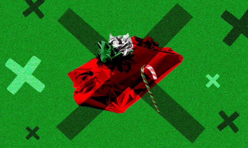 a grean background with a red present with a big x over it