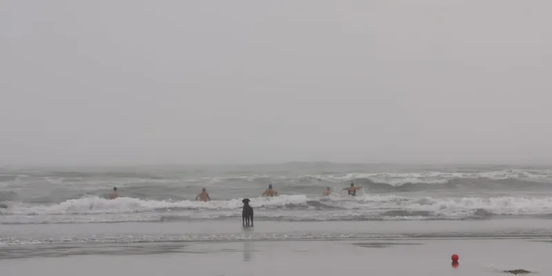 grey sky and tumbling waves with swimmers in the water. It looks cold!