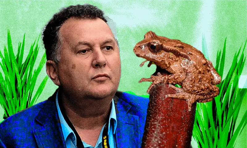 A man in a blue shirt and jacket looks at a brown frog perched on a branch, with green plants and a light green background behind them.