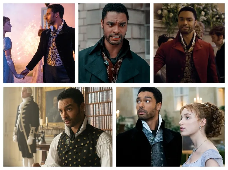 Five Bridgerton stills, each showing Simon wearing a different waistcoat.