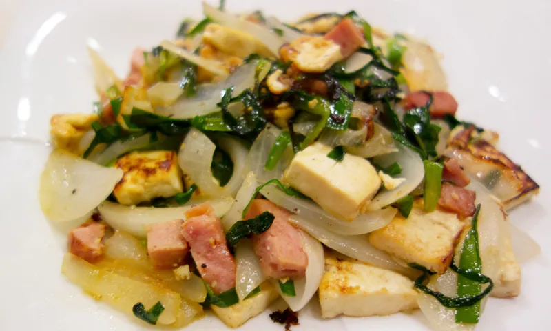 Okinawan stir-fry dish of Tofu, Spam and Onion