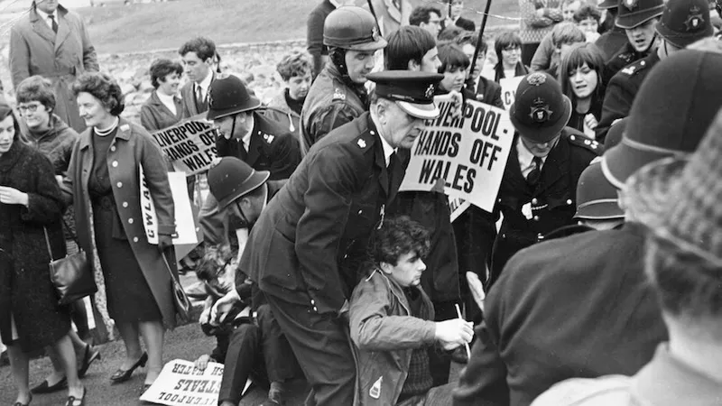 Tryweryn Valley -  Welsh nationalist demonstrators pictured at the opening of Tryweryn reservoir which flooded the vi...