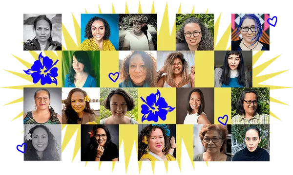 Collage of Māori and Pacific women set over exuberant illustration of yellow sunburst.