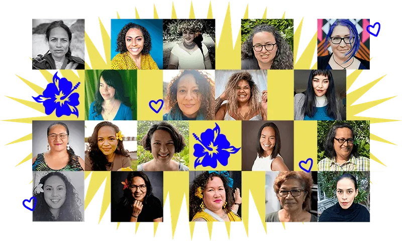 Collage of Māori and Pacific women set over exuberant illustration of yellow sunburst.