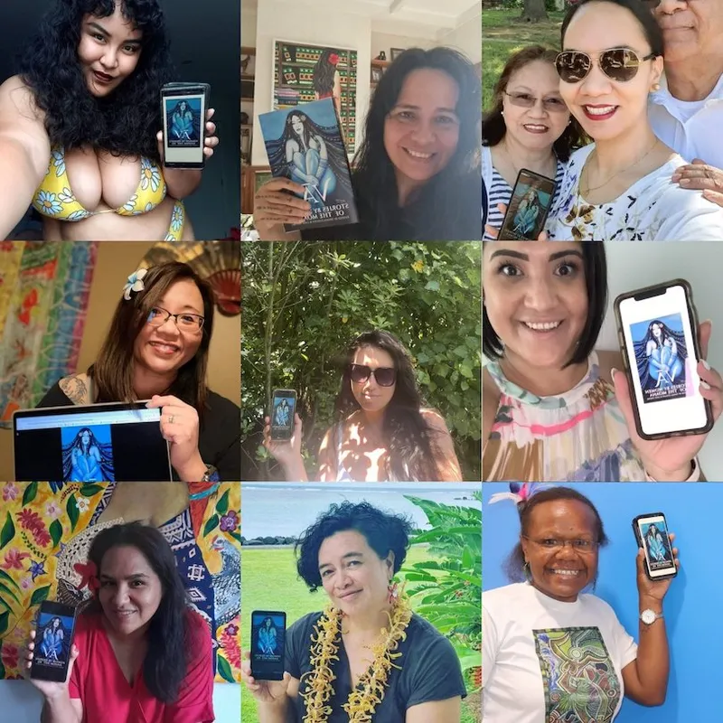 Nine photos of happy wāhine brandishing phones/kindles, showing their copy of Vā: Stories of Women of the Moana