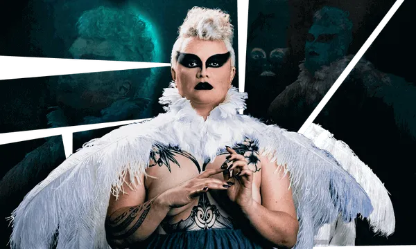 Photograph of a woman in magnificent creepy bird costume, staring straight to camera.