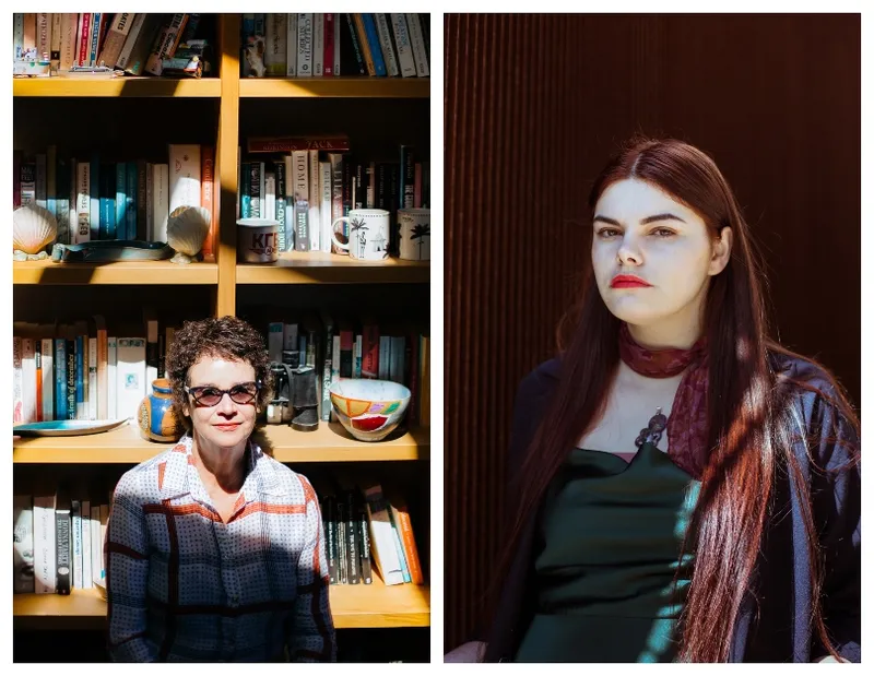 Photographic portaits of two women, one middle-aged in front of a bookcase glowing with sun, the other younger, on a dark background in dark clothes.