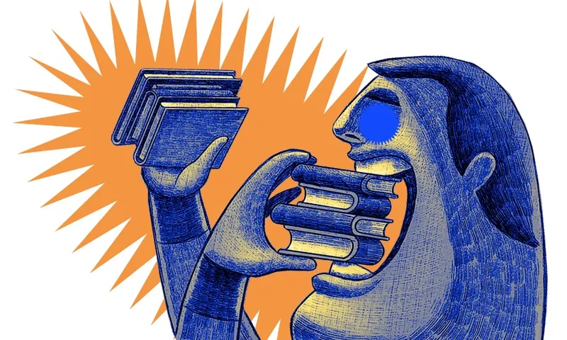 Illustration of a man with enormous head, gobbling handsful of books like sandwiches.