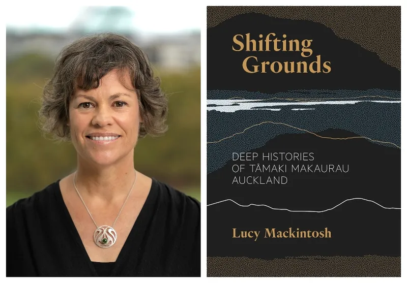 Head and shoulders photograph of a Pākehā woman, dark haired, smiling to camera. The dark, gorgeous cover of her book, dominated by simple drawing of a landscape.