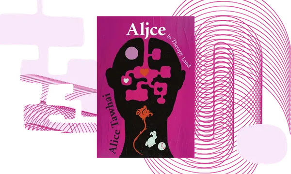 Cover of a novel, centred in design of fushcia and magenta swirls.