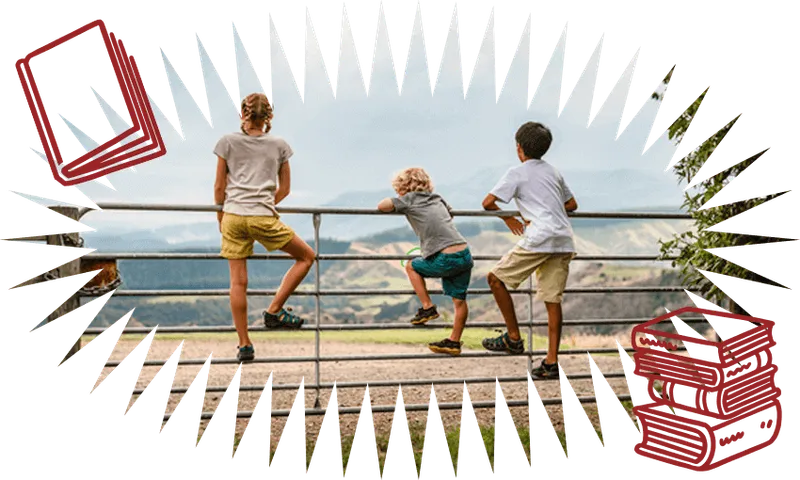 Three children have climbed a farm gate and look wistfully into the distance, all elbows and knees. We see them from behind. Illustrations of books surround them.