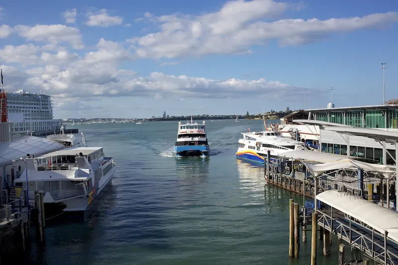 The Ferry Terminal at Auckland Harbour, showing the Hilton Hotel in the background. Auckland, New Zealand.