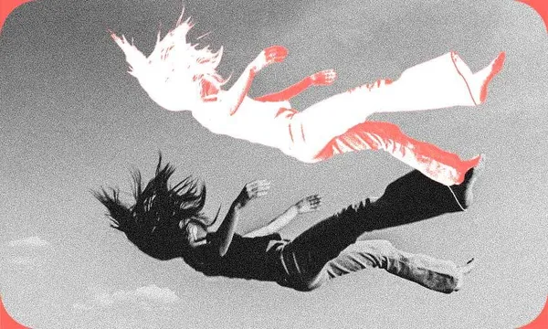 Black and white photo of woman falling through sky, she's lying horizontal, arms and legs akimbo. Above her, an illustrated copy done in red and white.